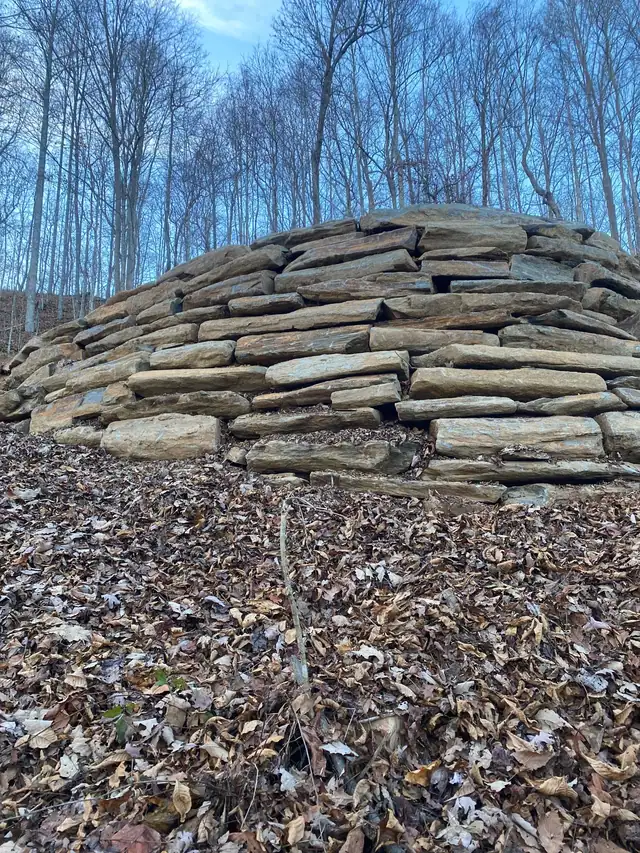 Dry-stacked stone retaining wall on a wooded slope